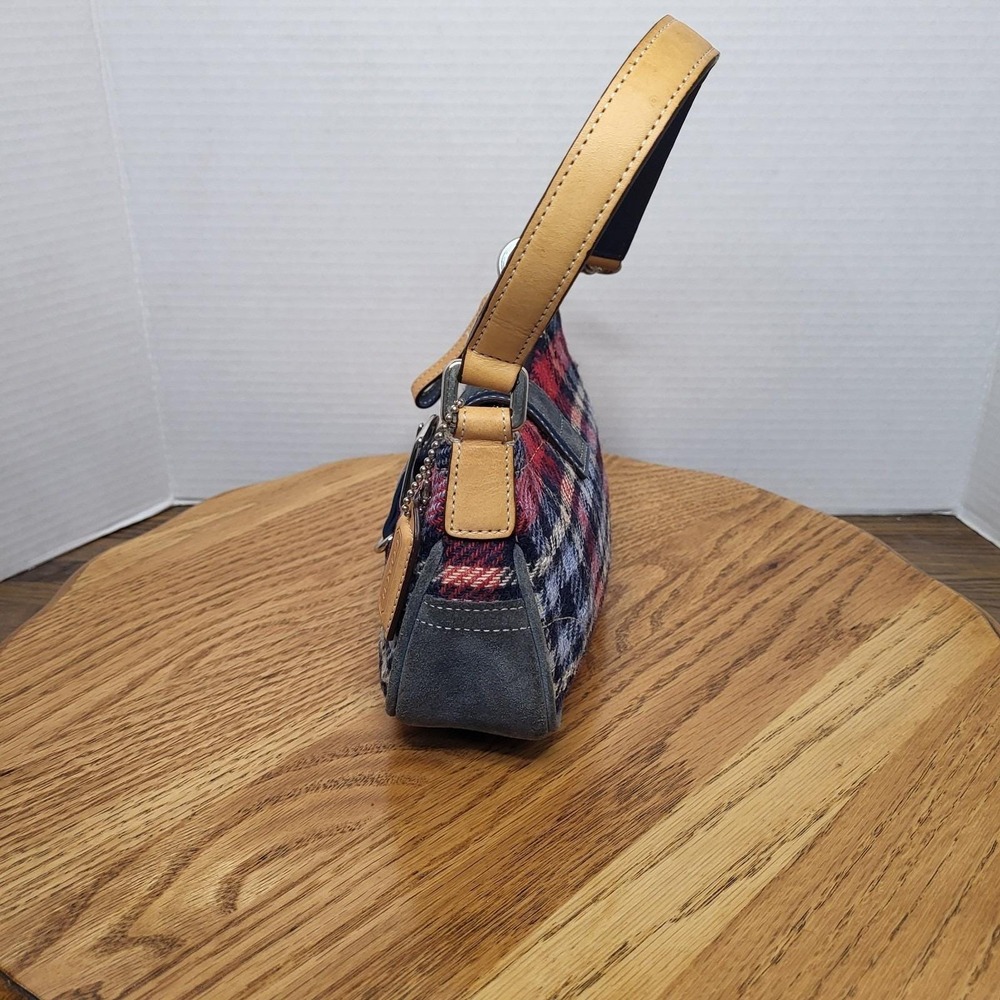 Coach Red and Navy Plaid Wool Satchel with Leather Trim - Picture 5 of 16